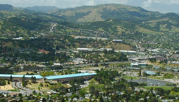 View from the hill looking over the blue roof of Civic Center