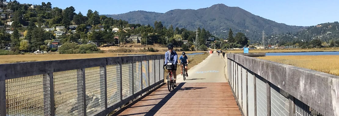 Cyclist riding over repaired pathway bridge deck