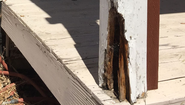 Detail of wood rot on porch pillar