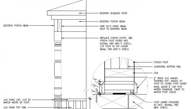 Detail of architectural drawing illustrating porch renovation plan
