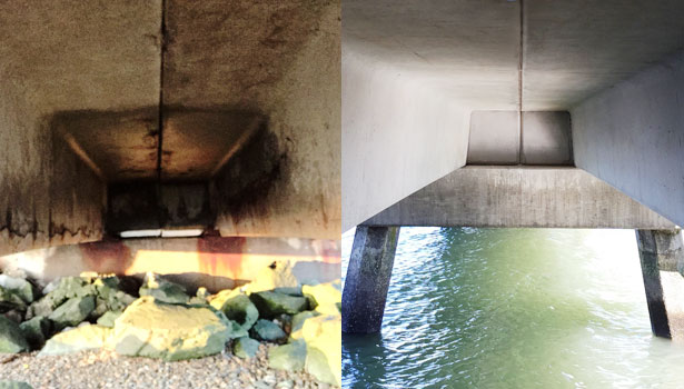 Before and after photos showing repair of the concrete footing
