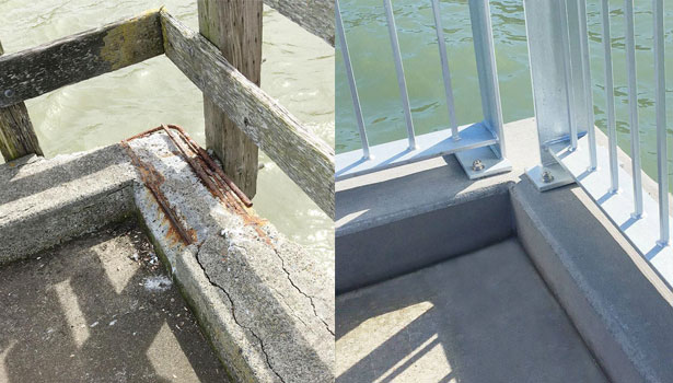 Before and after showing repair of the concrete curb