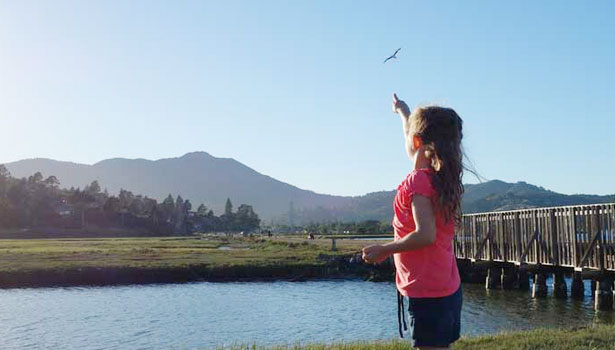 Young girl on the dock pointing up at the sky