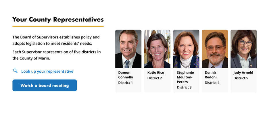 Your County Representatives section of home page showing head shots and names of supervisors plus links to Look up your representative and Watch a board meeting.