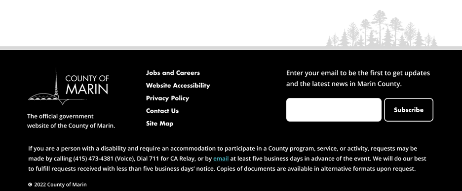 : Footer section showing County logo, links, Subscribe text field, and disability accommodation statement and contact info.