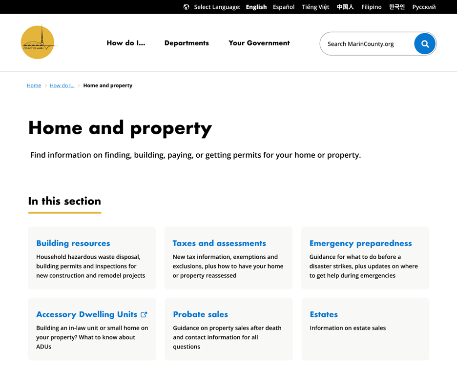 Home and property page showing sample services, such as Building resources and Taxes and assessments, and descriptions of each.